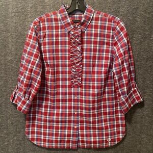 Talbots Top Women 6 Red Blue Plaid Roll Tab Button Up Shirt Blouse Career Office